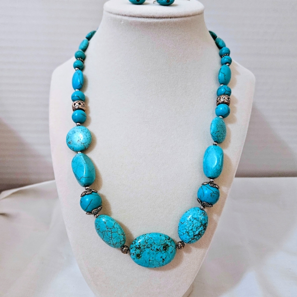 Vintage Blue Died Howlite Beaded Necklace And Earring Set